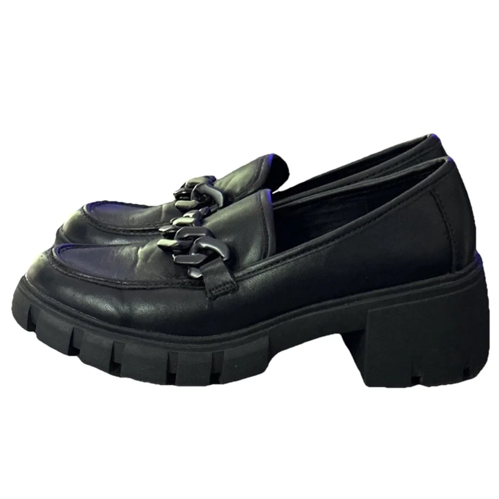 Madden Girl Y2K Hoxton Black Chunky Platform Loafers Size 8.5 M Chain Goth 2000s